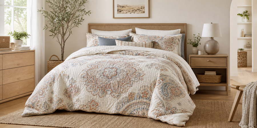 Relaxed bedroom with subtle boho Daily Nova seersucker bedding