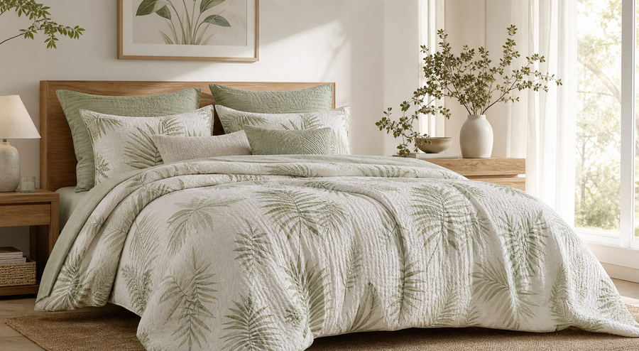 Modern bedroom with botanical green Daily Nova seersucker bedding
