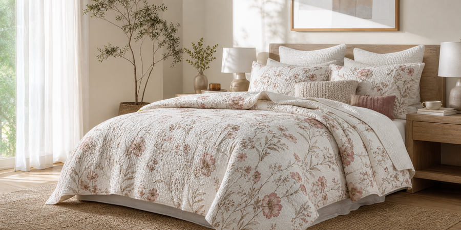 Bright bedroom with soft floral Daily Nova seersucker bedding