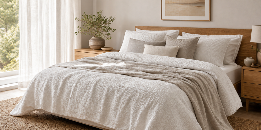 Modern neutral bedroom with solid Daily Nova seersucker bedding