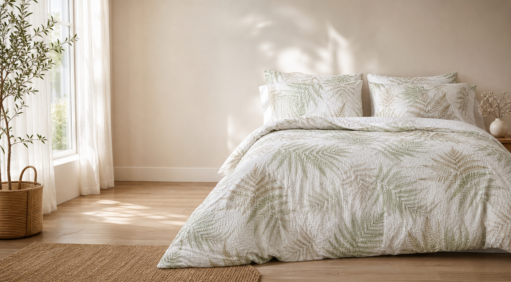 Daily Nova sage fern cooling seersucker bedding in a bright bedroom